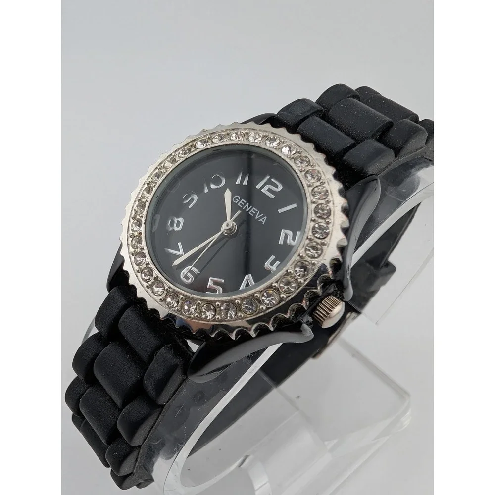 Geneva Women's Watch 32mm Case Rhinestone Bezel Black Silicone Band- New Battery